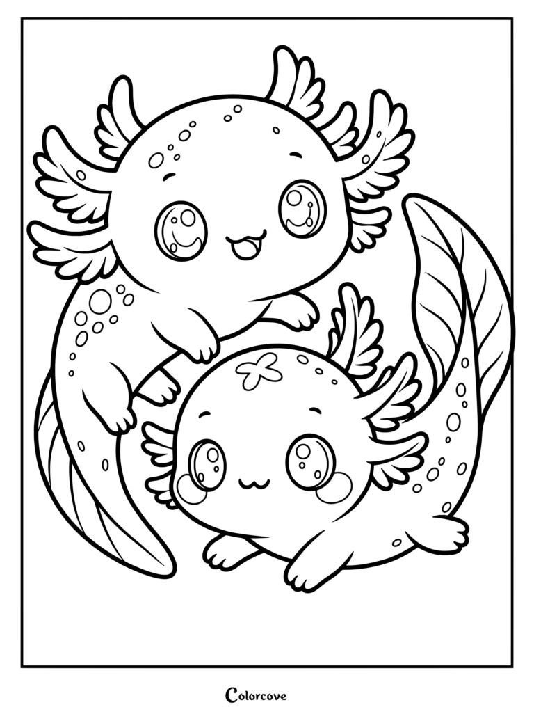 Dibujo de ajolote para colorear con dos amigables criaturas acuáticas que nadan juntas con expresiones alegres y branquias plumosas.