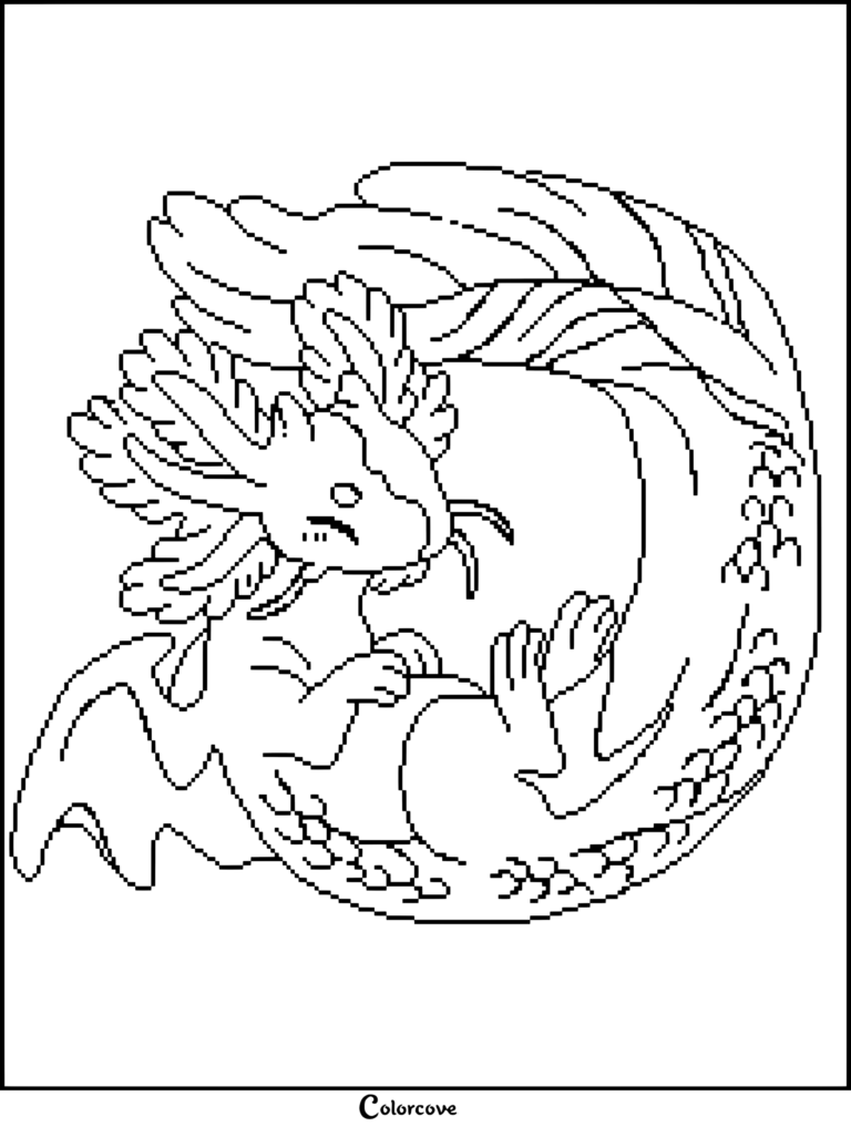 Dibujo para colorear gratis de un ajolote que presenta un híbrido dormido de dragón y ajolote en azul y blanco, enroscado en círculo con branquias y alas rosadas.
