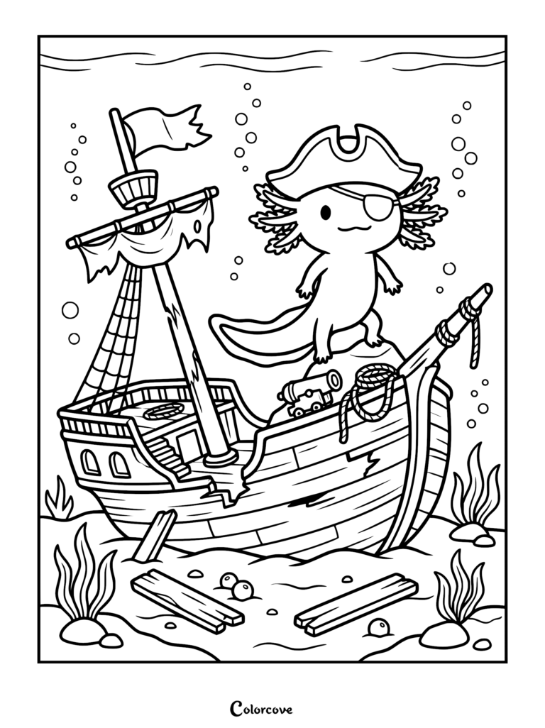 Un tierno ajolote que lleva un sombrero de pirata y un parche en el ojo de pie sobre un barco hundido en esta página para colorear imprimible.