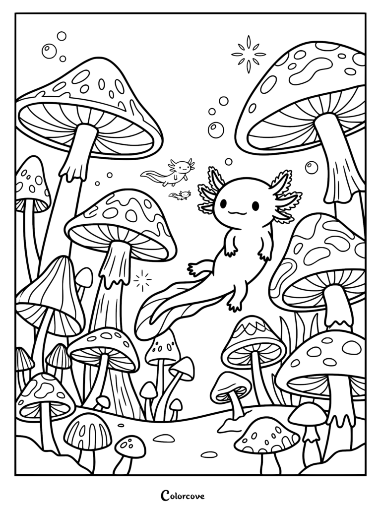 Un ajolote nadando entre hongos gigantes con patrones en una escena de bosque submarino, presentado en un dibujo para colorear imprimible.