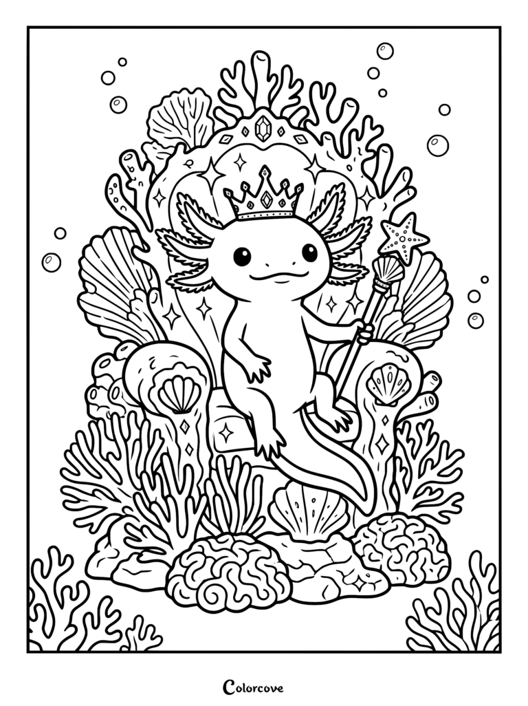 Un rey ajolote usando una corona y sosteniendo un cetro de estrella de mar, sentado en un trono submarino ornamentado rodeado de coral y burbujas en este dibujo para colorear imprimible gratuito.