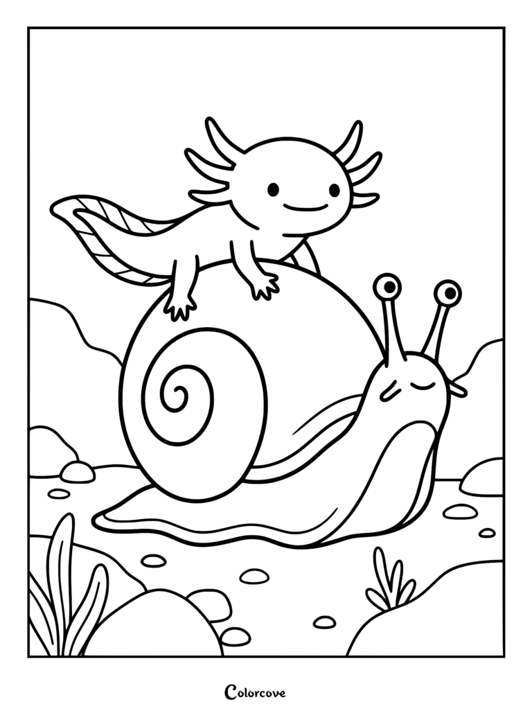 Un ajolote amigable sentado sobre la concha de un caracol grande, representado en un estilo de dibujo para colorear de arte lineal simple con plantas acuáticas y guijarros en el lecho marino.