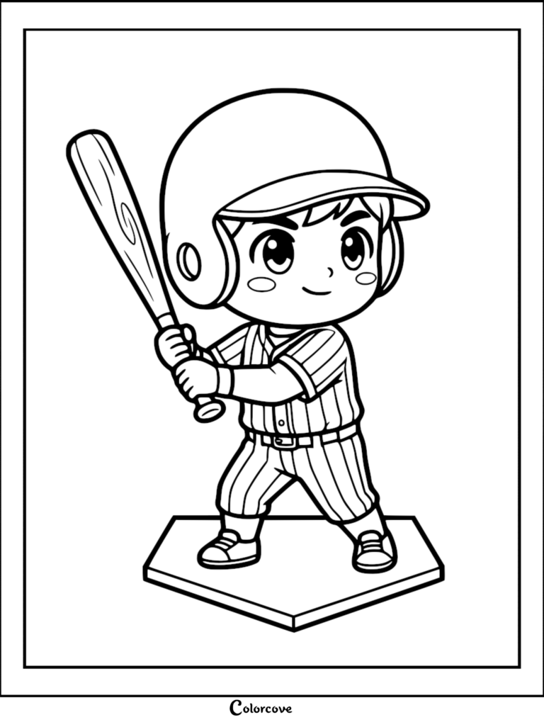 A cute anime-style baseball player holding a wooden bat on home plate, illustrated as a black and white printable coloring page.