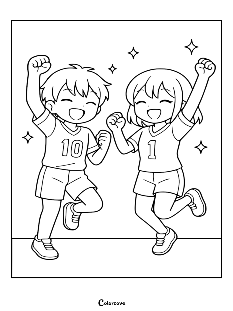 A cute baseball coloring page showing a boy wearing jersey number 10 and a girl wearing jersey number 1 jumping and cheering with star icons in the background.