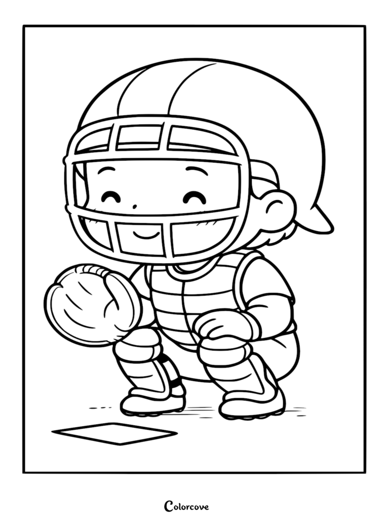 A cute chibi baseball catcher wearing a helmet and shin guards crouched behind home plate, a simple line art coloring page.