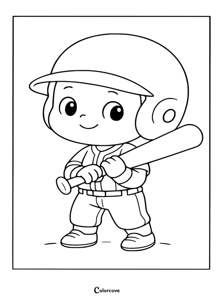 A smiling chibi baseball player wearing a helmet and holding a wooden bat in this cute baseball coloring page.