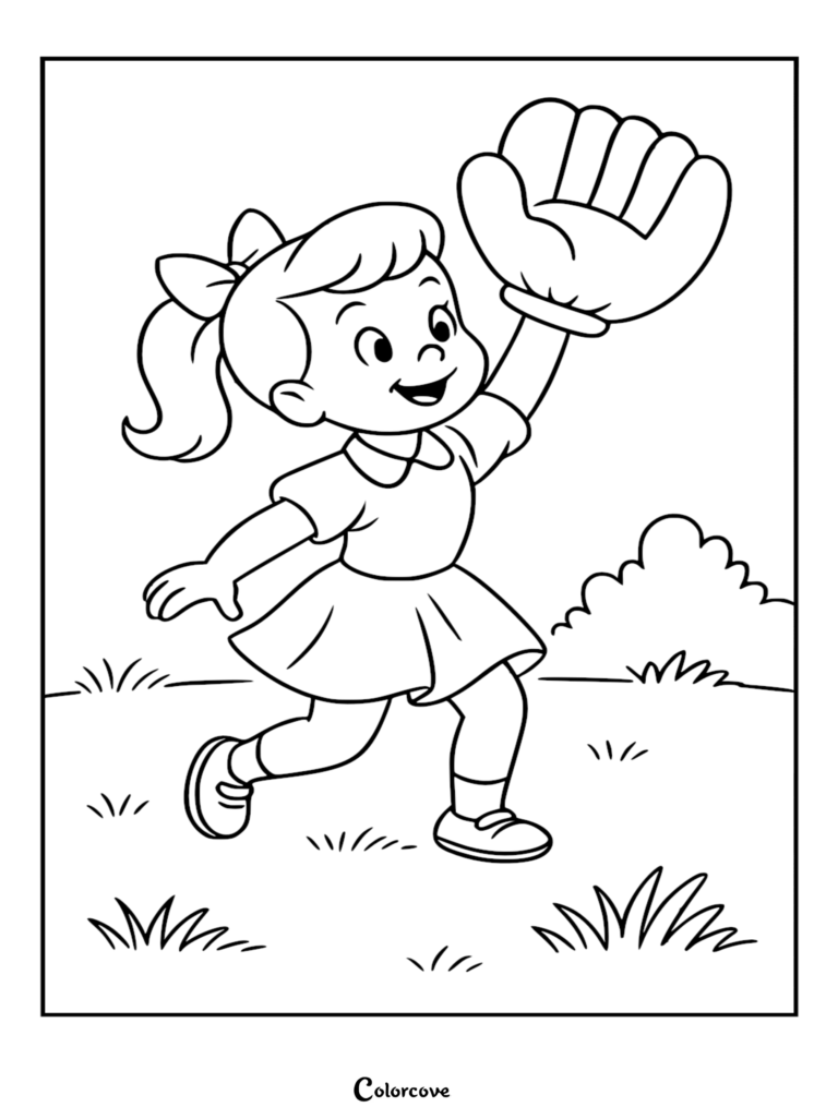 A smiling girl in a dress and ponytail running to catch a baseball with a large oversized mitt in this cute baseball coloring page.
