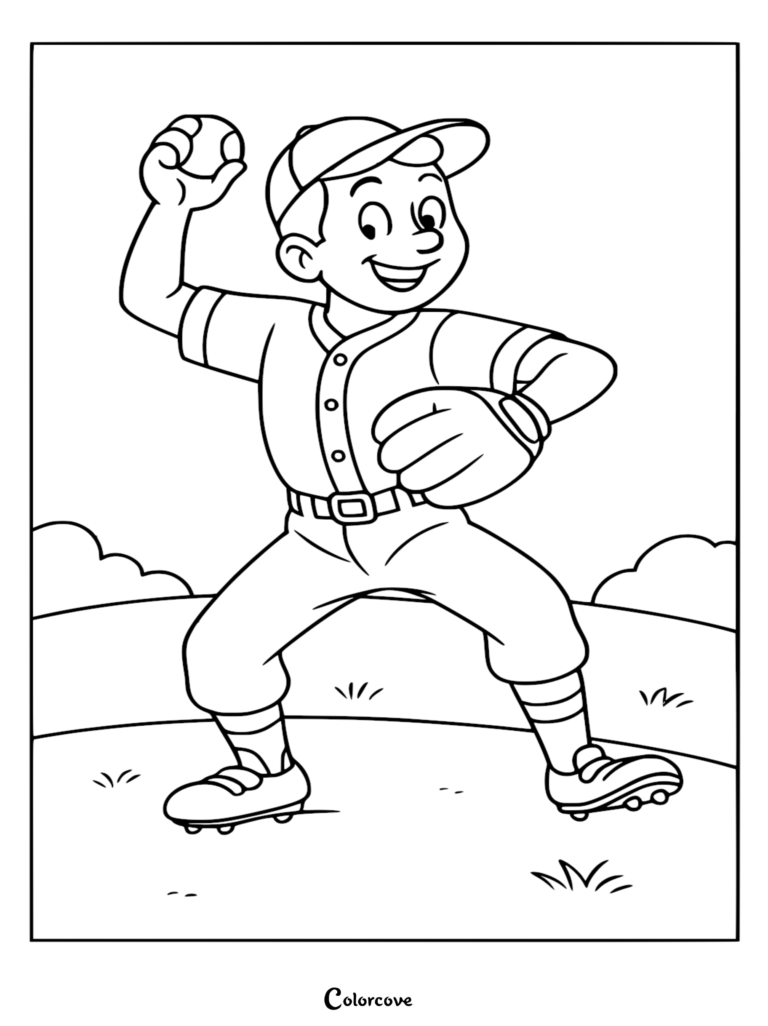 A cute baseball player in uniform throwing a ball, line art coloring page for kids