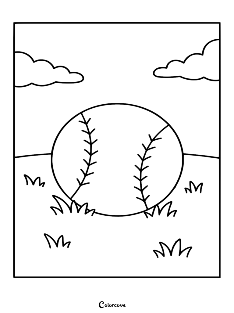 A simple line art coloring page of a baseball sitting in the grass under fluffy clouds in a sunny field.
