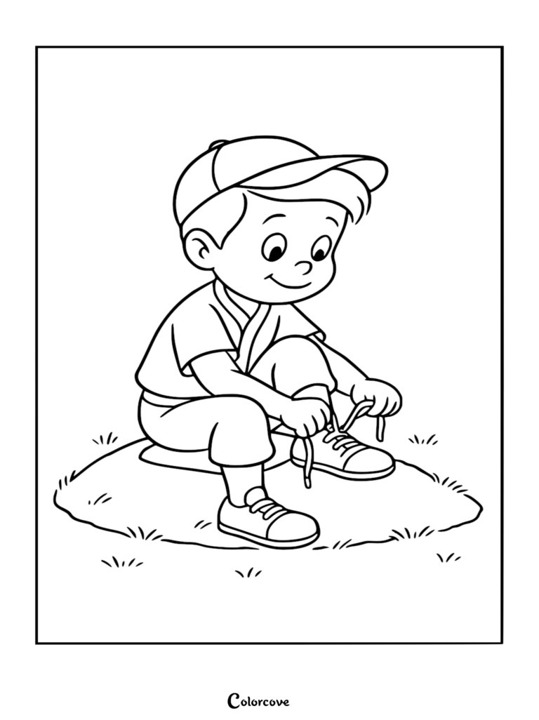 A cute cartoon baseball player wearing a cap and uniform, sitting on the grass while tying his sneakers, coloring page for kids.