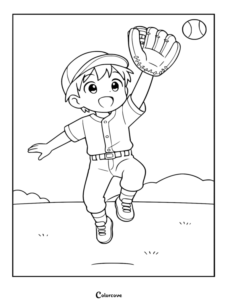 A cute anime-style boy in a baseball uniform jumping to catch a baseball with his glove in this printable coloring page.