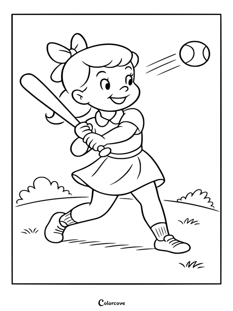A cute cartoon girl with a bow in her hair swinging a baseball bat at a flying ball in this printable coloring page.