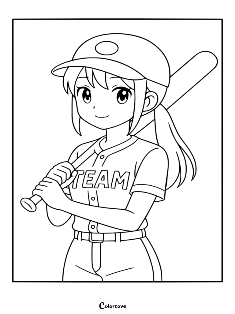 A cute anime girl wearing a baseball cap and jersey labeled TEAM while holding a bat, printable coloring page.