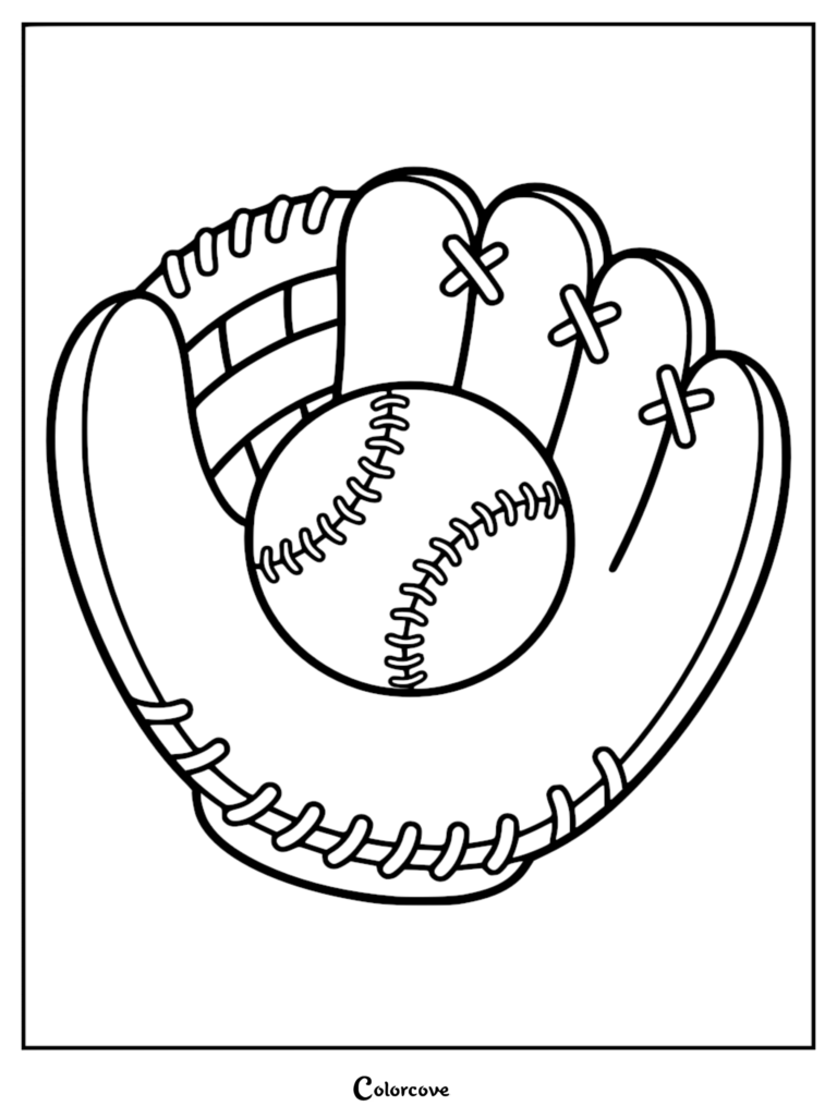 A simple black and white coloring page featuring a baseball inside a detailed leather mitt with visible stitching.