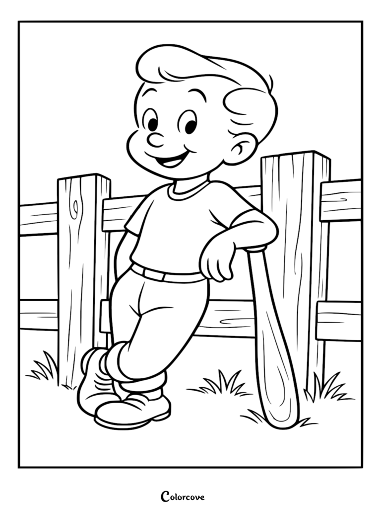 A cute cartoon boy in a t-shirt and jeans leaning against a wooden fence with a baseball bat, coloring page for kids.