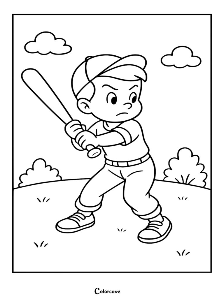 Cute cartoon boy wearing a baseball cap and uniform, swinging a bat, depicted in a simple black and white line art coloring page style with clouds and bushes in the background.