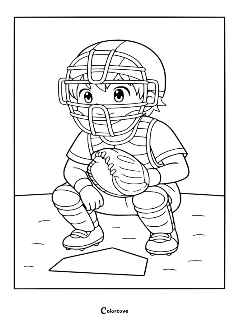An anime-style boy baseball catcher wearing a helmet with a face mask, chest protector, and leg guards, crouching behind home plate in this detailed coloring page.