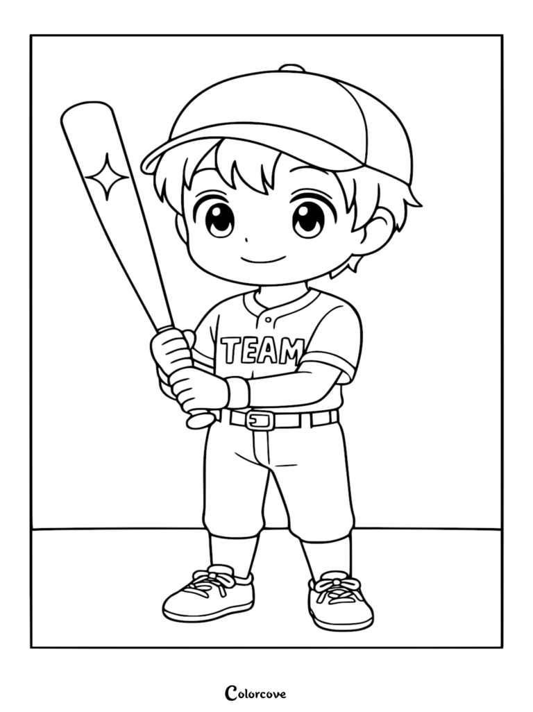 An adorable anime-style boy wearing a team jersey and cap, holding a baseball bat with a star icon, printable coloring page.