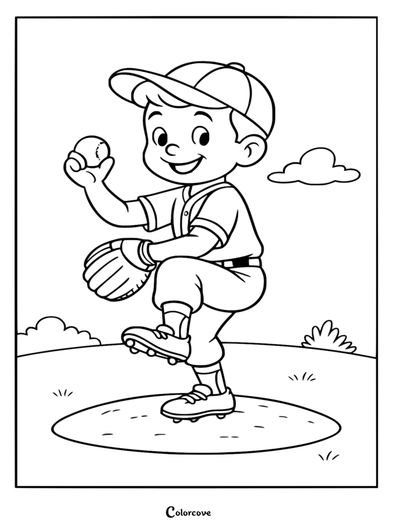 A happy boy in a baseball uniform standing on the pitcher's mound holding a ball, coloring page.