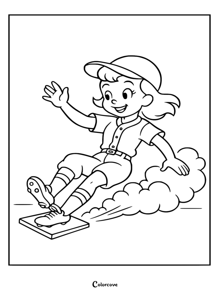 A happy cartoon girl in a baseball uniform sliding into home plate, kicking up a dust cloud in this cute baseball coloring page.