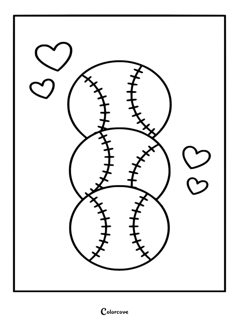Three stacked baseballs surrounded by floating heart shapes in a simple line art coloring page style.