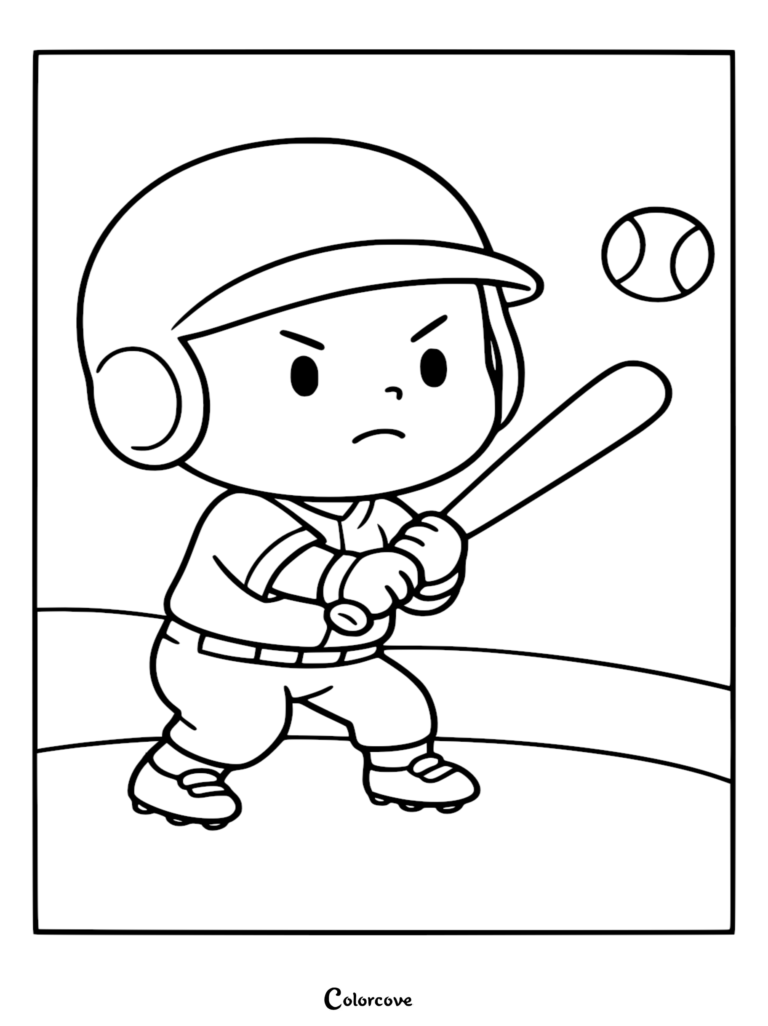 A cute chibi baseball player wearing a helmet and holding a bat, ready to hit a baseball in this simple line art coloring page.