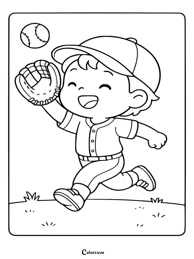 A cute baseball boy wearing a cap and glove reaching for a floating baseball in this fun printable coloring page.