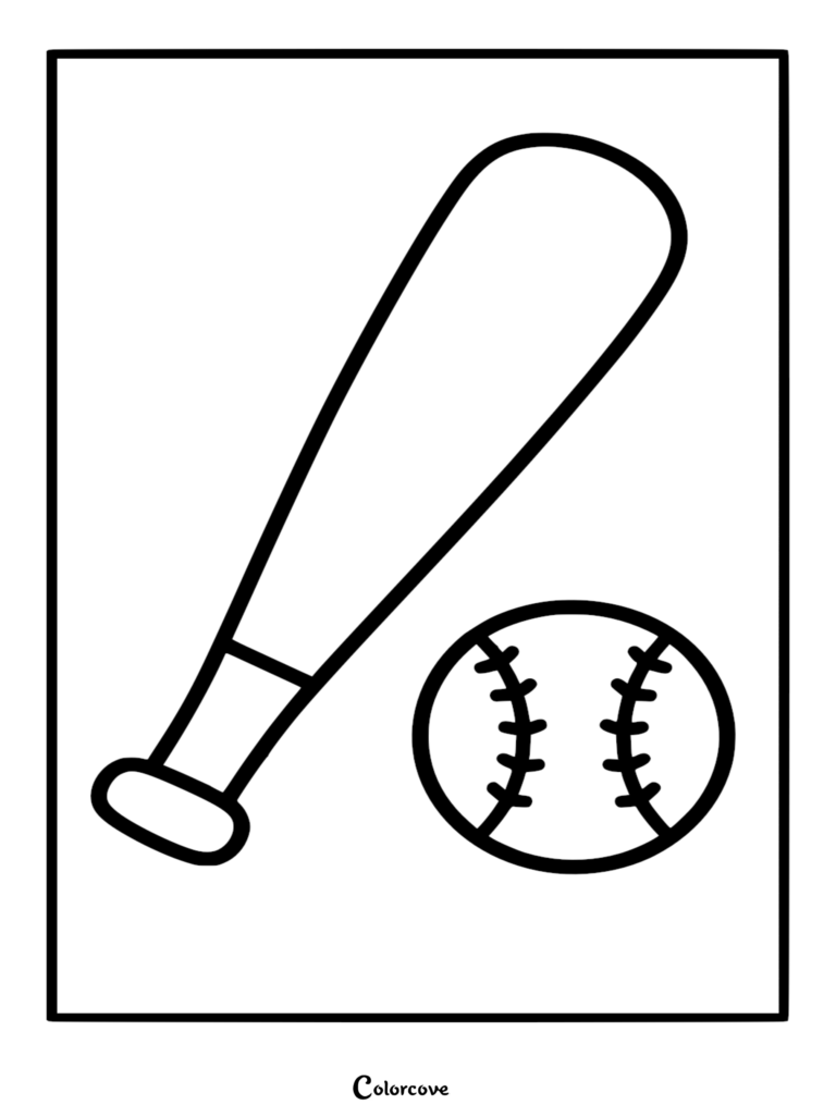A simple coloring page featuring a thick-lined wooden baseball bat and a baseball with visible stitches.