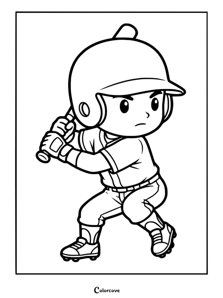 A cute baseball batter in a uniform and helmet holding a bat, featured as a bold line art coloring page.