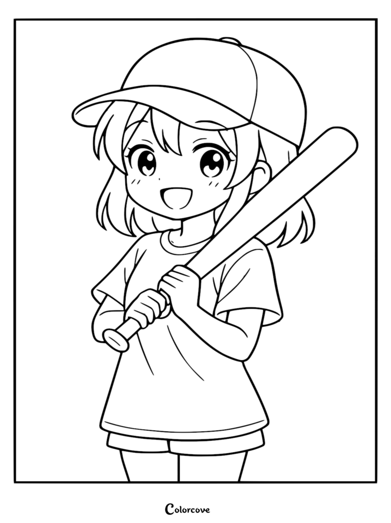 A cute anime-style girl wearing a baseball cap and holding a wooden bat in this printable coloring page.