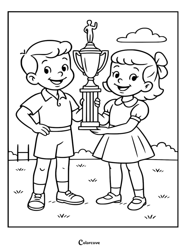 A boy and girl holding a baseball trophy together in a field, coloring page illustration with cartoon style.