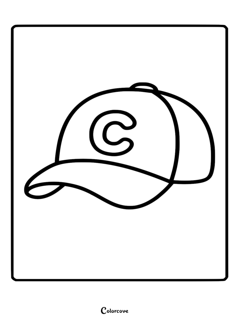 A simple outline of a baseball cap with a letter C on the front, featured in a printable coloring page.