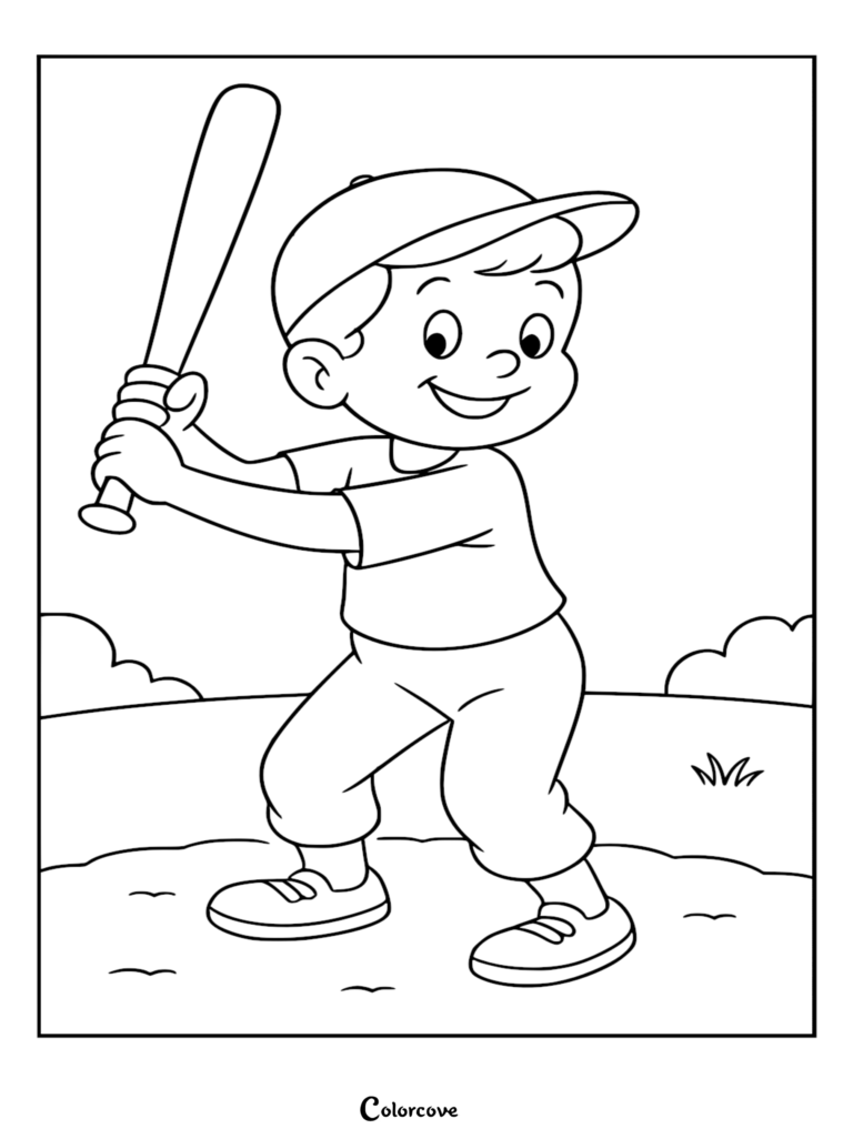 A cartoon coloring page of a smiling young boy wearing a baseball cap and uniform while holding a wooden bat on a field.