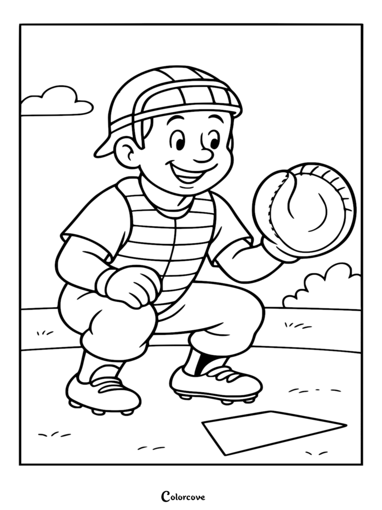 A cute cartoon baseball catcher crouching behind home plate wearing a chest protector, mask, and baseball glove, outlined as a coloring page.