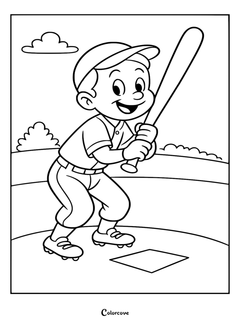 A happy young boy wearing a baseball uniform and cap holding a bat ready to swing at home plate, printable coloring page.