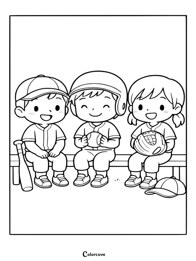 A cute baseball coloring page featuring three happy children in uniforms sitting on a bench with a bat, a ball, and a glove.