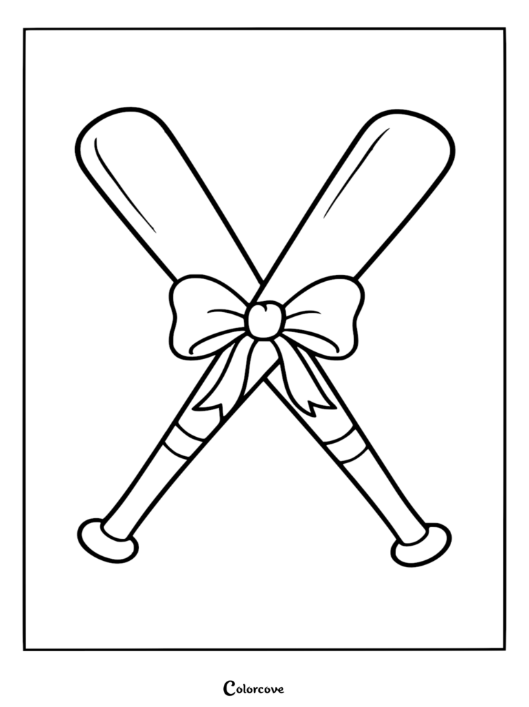 A cute baseball coloring page featuring two wooden bats crossed in an X shape, tied together with a decorative ribbon bow.