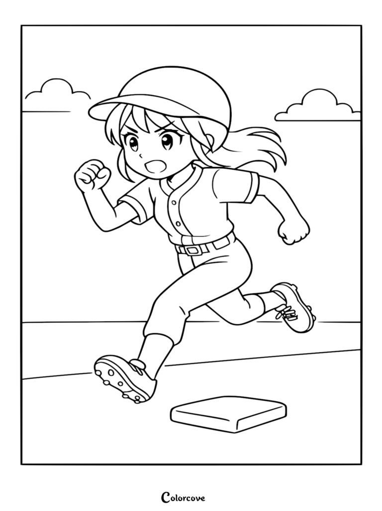 An anime style girl in a baseball uniform sprinting toward a base in a cute coloring page design with a cloudy sky background.