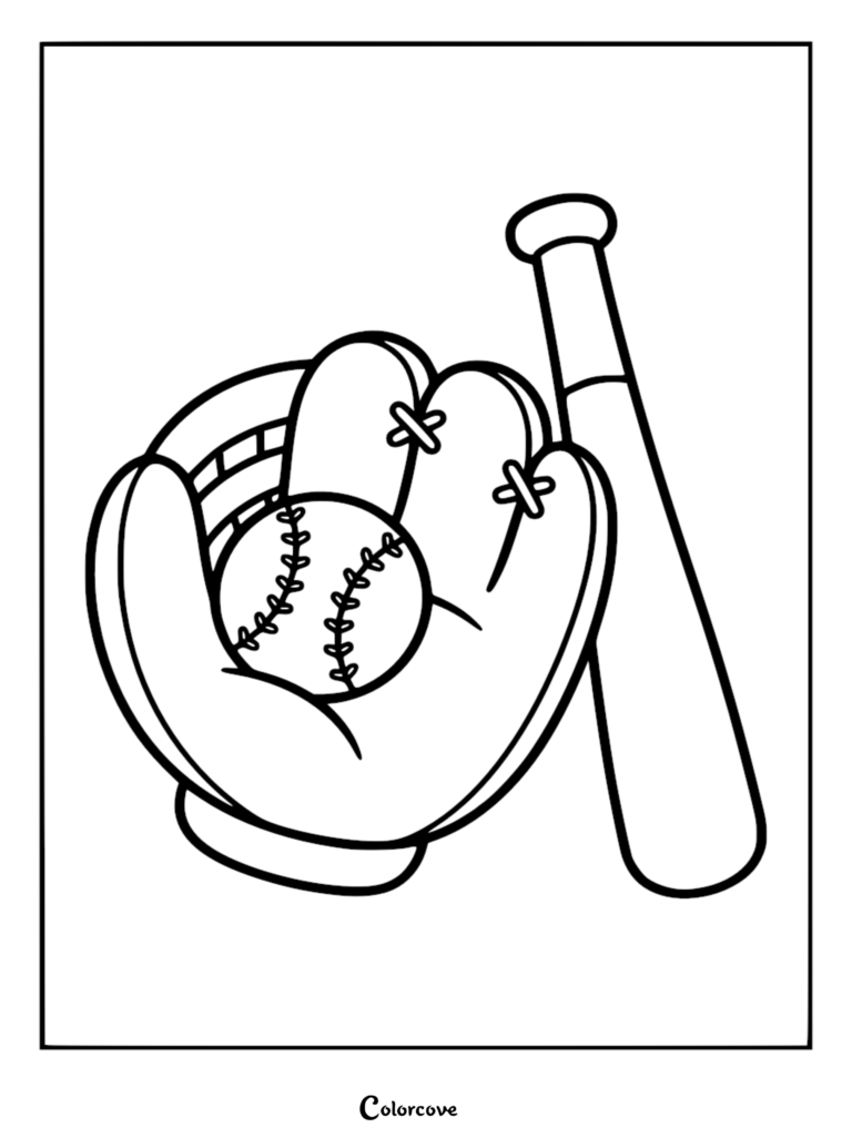 A simple black and white line art coloring page featuring a cartoon baseball glove with a baseball inside and a wooden baseball bat leaning next to it.