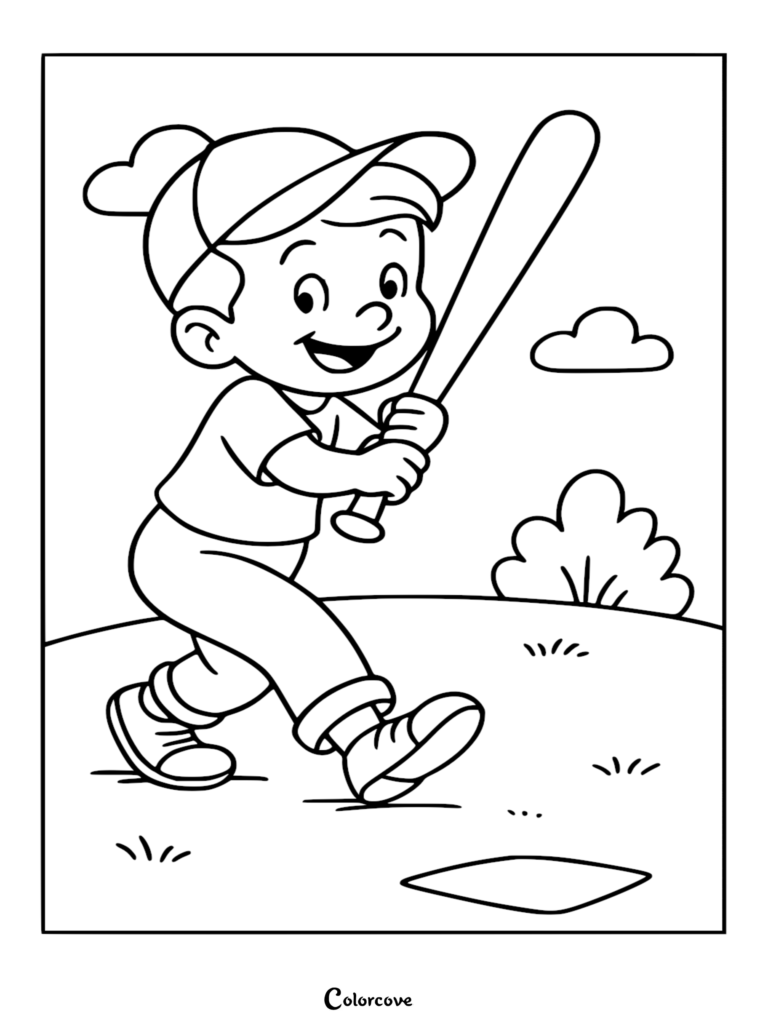 A cartoon-style cute baseball player boy holding a bat, featured in a simple coloring page on a baseball field with a cloud and bush.