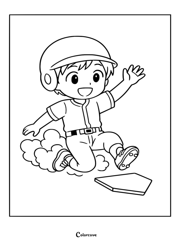 A cute baseball player in a helmet sliding into home plate in this black and white printable coloring page.