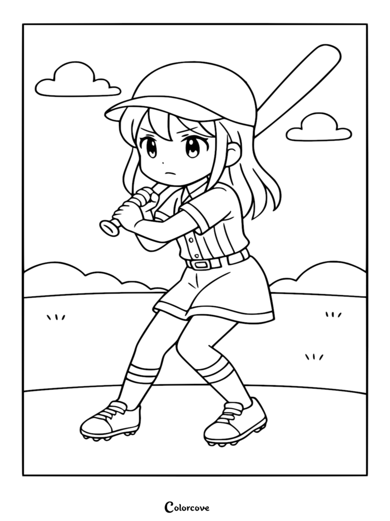 A cute anime-style girl wearing a baseball cap and uniform, holding a bat in a ready stance, suitable as a printable coloring page.