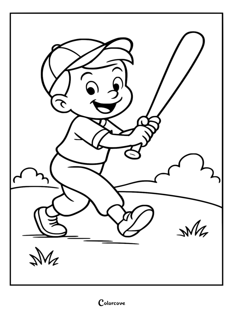 A joyful cartoon boy wearing a baseball cap and uniform holding a wooden bat in this printable cute baseball coloring page.