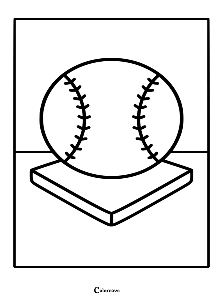 A simple coloring page featuring a baseball resting on top of a home plate base with bold black outlines.