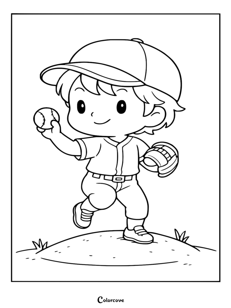 A cute cartoon baseball player boy wearing a cap and uniform pitching a ball on a mound, line art coloring page.
