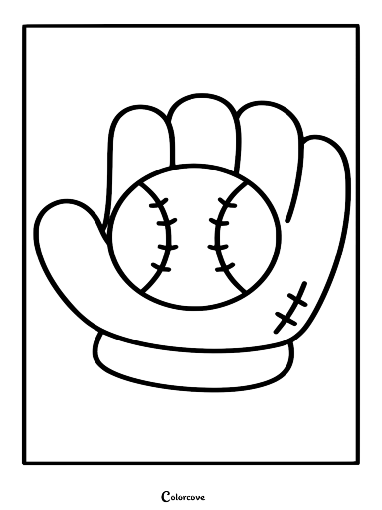 A simple, thick-lined coloring page featuring a cute baseball mitt holding a classic ball with traditional lacing.