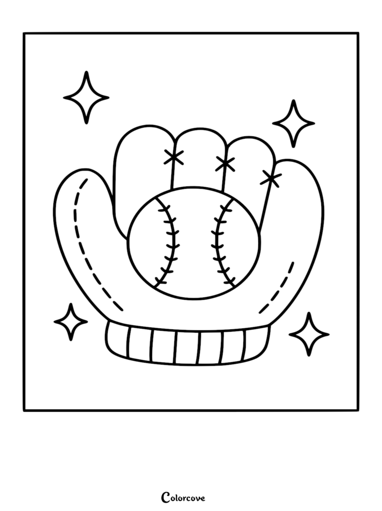 A cute baseball glove holding a baseball with decorative sparkling star symbols, simple line art coloring page for kids.