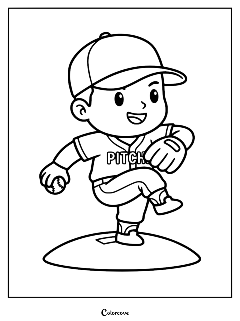 A cute cartoon baseball player wearing a cap and jersey labeled PITCH standing on a pitcher's mound, line art coloring page.