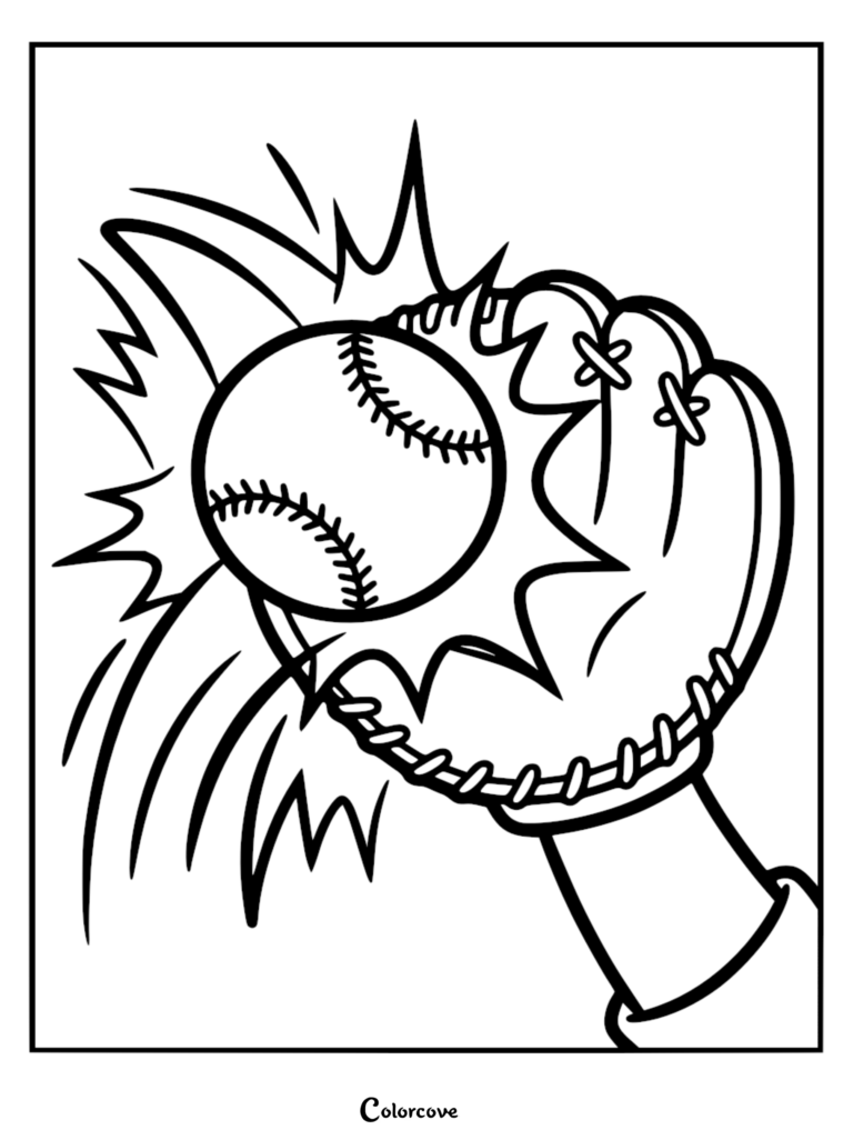 A cartoon baseball being caught in a leather glove, illustrated as a bold line art coloring page with motion speed lines.