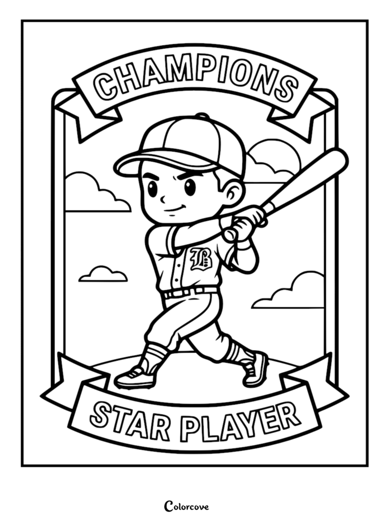 A cute cartoon boy in a baseball uniform holding a bat, framed by a banner reading Champions and Star Player, perfect for a printable baseball coloring page.